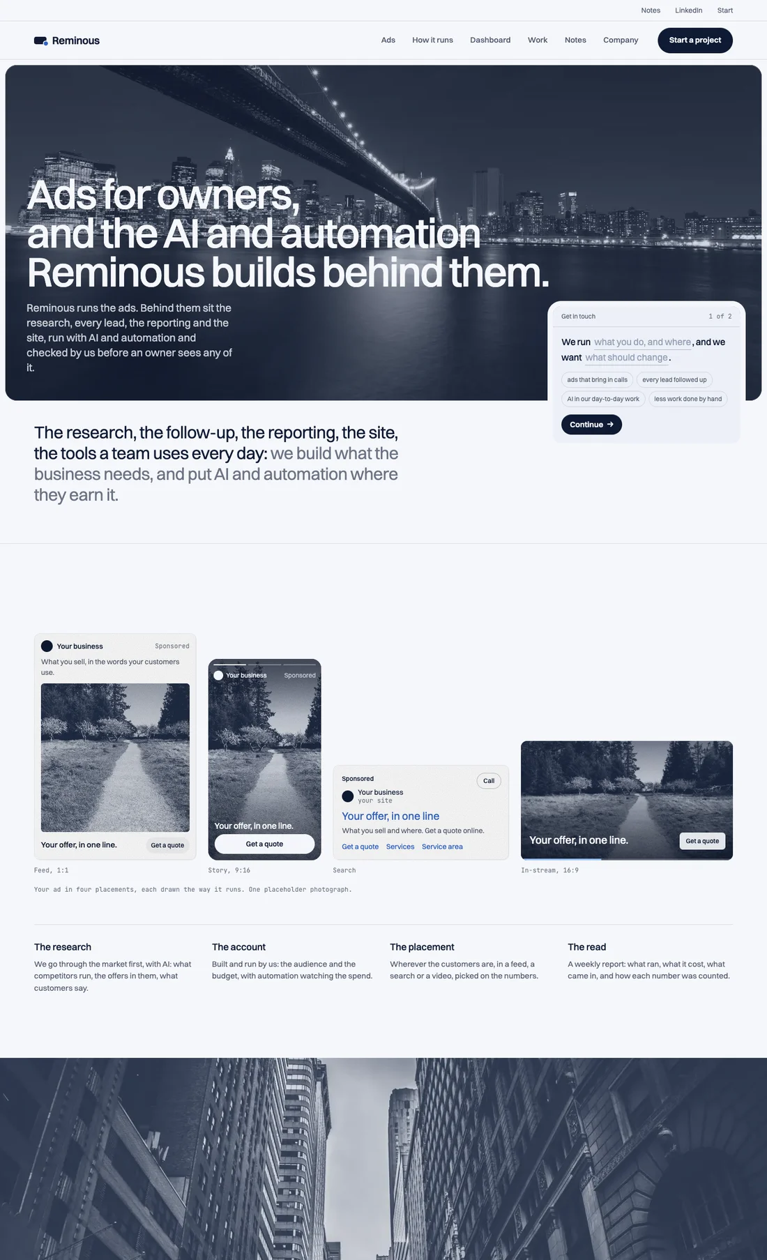 The whole Reminous site, top to bottom, scrolling by itself in a browser window.